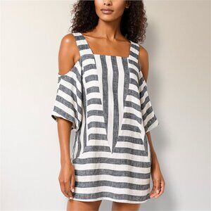 Soft Surroundings Stripe Cold Shoulder Tunic Mini Dress Linen Blend Pockets Boho
